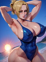 1girls ai_generated annie_leonhardt aristartz_ai attack_on_titan beach beach_background big_ass big_breasts big_nipples blonde_hair blue_eyes hands_behind_head looking_at_viewer outdoors shingeki_no_kyojin sole_female solo_focus sunset swimsuit