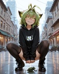 ai_generated black_clothing black_nails boots cat_ears city evil_smile glowing_eyes goth green_eyes green_hair grenade karen_taverndatter masturbation sitting squirting stockings twokinds