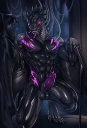 2017 abs anthro balls bat biceps black_body claws cybernetics cyborg detailed erection front_view glowing glowing_eyes knot machine male male_only mammal markings membranous_wings muscular muscular_male nude open_mouth penis purple_eyes purple_penis raak rakisha robot solo spines stripes teeth toe_claws tongue wings wires