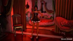 3d arab_female arabian arabian_female bdo beurette black_desert black_desert_online black_dress black_hair black_heels black_latex_dress commentary_request dark-skinned_female exposed game_screenshot irl_character latex_dress short_dress yourbdoslave