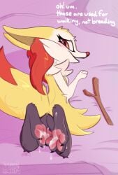 anthro ass bed bodily_fluids braixen canid canine cum cum_on_feet feet female foot_fetish furniture generation_6_pokemon genital_fluids hi_res looking_at_viewer looking_back lying mammal muffinlicious nintendo on_front pawpads paws pokemon pokemon_(species) raised_leg raised_tail solo stick tail text toes