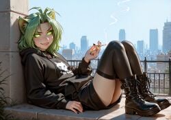 ai_generated black_clothing black_nails boots cat_ears cigarette city evil_smile goth green_eyes green_hair karen_taverndatter leaning_back sitting stockings twokinds