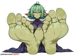 ai_generated barefoot feet foot_fetish foot_focus gigatsu goblin goblin_female green_skin looking_at_viewer pointy_ears simple_background sole_female soles toes