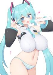 1girls alternate_version_available big_breasts blue_eyes blue_hair blush female female_focus female_only hatsune_miku holding_microphone holding_object huge_breasts large_breasts light-skinned_female light_skin long_hair looking_at_viewer midriff navel panties peace_sign simple_background solo subten thick_thighs thighs twintails v vocaloid white_background