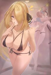 3_girls alluring big_breasts bikini blonde_hair calmgreentori cleavage cynthia_(pokemon) elesa_(pokemon) grey_eyes nintendo pokemon red_hair skyla_(pokemon) yuri