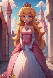 1girls ai_generated artist_name bare_shoulders blonde_hair blue_eyes blue_sky blush breasts castle choker cloud crown day dress earrings elbow_gloves gloves hi_res jewelry lips long_dress long_hair looking_at_viewer mario_(series) medium_breasts nintendo outdoors parted_lips pink_dress princess_peach rule34lab skirt_hold sky smile solo sphere_earrings standing strapless strapless_dress super_mario_bros. very_long_hair white_gloves