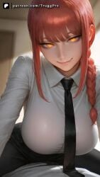 ai_generated chainsaw_man clothed cowgirl_position eye_contact huge_breasts looking_at_viewer makima_(chainsaw_man) naughty_face pants pov pov_eye_contact shirt smile straddling tie truggprz