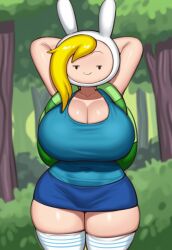 adventure_time ai_generated ass big_ass big_breasts big_breasts blonde_hair breasts breasts fionna_and_cake fionna_the_human_girl giant_ass giant_breasts grey_impact_(style) hips hood lubbasdump massive_ass massive_hips thick_thighs wide_hips