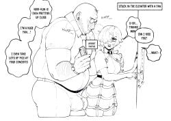 2025 black_and_white dialogue doodle english_text erection erection_under_clothes fat_man harassment hi_res highres oc original original_character size_difference sweating text thiccwithaq trapped_in_elevator ugly_bastard ugly_man