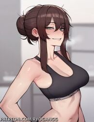 1girls ai_generated brown_hair calvin_klein calvin_klein_panties calvin_klein_underwear green_eyes hair_bun joko44 looking_at_viewer medium_breasts nora orginal_character original ryogangg seductive seductive_look seductive_smile