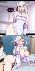 1boy 1girl breasts breasts_out elf emilia_(re:zero) female fluffylewdsai male natsuki_subaru re:zero_kara_hajimeru_isekai_seikatsu sex text