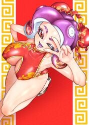 1girls ass bare_shoulders big_ass big_butt breasts chinese_clothes clothed collar dat_ass emit_x hi_res highres light-skinned_female light_skin nintendo octarian octoling purple_hair short_hair sleeveless solo splatoon tentacle_hair thighs tight_clothes