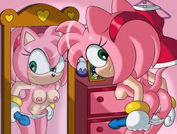 2017 amy_rose anthro anus blush breasts clothed clothing dildo female hedgehog looking_back mammal mirror nipples panties pussy rear_view sex_toy solo sonic_(series) sonictopfan topless underwear undressing