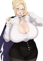 1girls big_breasts blonde_hair breasts cleavage clothing eyewear female female_only glasses glynda_goodwitch green_eyes hair hips huge_breasts large_breasts legwear mature mature_female mature_woman milf rwby setawar_(coco) solo solo_female teacher wide_hips