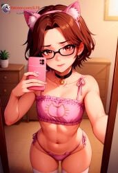 1boy ai_generated blush blushing_at_viewer brown_eyes brown_hair bulge bulge_through_clothing cat_ears cellphone choker earrings embarrassed femboy flat_chest glasses holding_cellphone ilfb looking_at_viewer medium_hair more_at_source original original_character otoko_no_ko panties selfie shy solo solo_focus standing trap