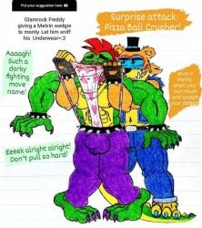 2boys 3_toes 5_fingers 6_pack abs alligator anthro anthro_male anthro_only attack black_top_hat blue_claws blue_eyes blue_jacket blue_pants blush body_paint boner buff bulge bulge_through_clothing claws deviantart dialogue duo duo_male erection fangs fetish fighting_game fingerless_gloves five_nights_at_freddy's five_nights_at_freddy's:_security_breach fnaf furry furry_male furry_only glamrock_freddy_(fnaf) glamrock_freddy_(fury's_rage) green_body green_skin hat heart_underwear jacket jpeg male male_furry male_only male_ponytail masculine_male mohawk mohawk_(hairstyle) monkeycat9 montgomery_gator_(fnaf) montgomery_gator_(fury's_rage) muscles muscular muscular_male no_females no_humans no_penetration no_sex nonconsensual only_male open_mouth orange_body orange_fur pants pecs penis_outline ponytail purple_claws purple_pants questionable_consent red_hair red_hair_male request scalie scalie_male security_breach_fury's_rage sharp_teeth six_pack sniffing_underwear spiked_bracelet standing strong top_hat tophat traditional_art traditional_drawing_(artwork) traditional_media_(artwork) underwear wedgie wedgie_fetish wedgied_male yellow_belly