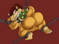 angry anthro ass balls big_butt bodily_fluids bound bowser chained chains genitals green_shell hair hi_res horn jaythefox333 koopa looking_back male male_only mario_bros muscular muscular_male nintendo on_ground red_eyes red_hair scalie sharp_teeth shell solo spiked_shell spikes spikes_(anatomy) sweat sweatdrop tan_body teeth