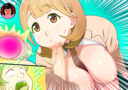 :>= bare_legs between_breasts blonde_hair bottomless breasts breasts_out censored eyebrows eyebrows_visible_through_hair fellatio female highres huge_breasts kneeling legs looking_up mosaic_censoring narusawa_ryouka necktie necktie_between_breasts no_bra no_panties occultic;nine open_clothes open_mouth oral penis ray_gun short_hair simple_background stun_gun tetrodotoxin thighs tongue unbuttoned weapon yellow_eyes