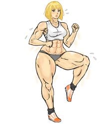 abs blonde_female blonde_hair blue_eyes exercise female female_abs fit_girl flying_sweatdrops franktonius freckles girl_abs muscle muscle_girl muscles muscular muscular_female oc original_character sportswear sweat sweating sweaty thick_thighs