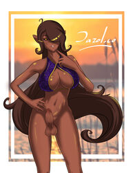 1futa bikini breasts cleavage dark-skinned_futanari dark_elf dark_skin dazol dickgirl elf futa_only futanari intersex large_breasts long_hair looking_at_viewer original penis pointy_ears solo sunset swimsuit vanmoriel_(zero_one)