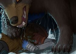 ambiguous_gender anthro anthro_on_feral bared_teeth beanie bear blue_body blue_skin blue_tail bodily_fluids brown_body brown_eyes brown_fur brown_hair circe_(pankallisti) claws clothing cum cum_drip cum_on_ground dripping duo excessive_cum excessive_genital_fluids fangs feet feral foot_on_head fur genital_fluids growling hair hat headgear headwear hi_res larger_male male male/ambiguous male_feral mammal murid murine pankallisti prosthetic prosthetic_arm prosthetic_limb rat rodent saliva saliva_drip size_difference snow tail teeth zoophilia