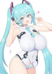 1girls alternate_version_available big_breasts blue_eyes blue_hair blush female female_focus female_only hatsune_miku heart-shaped_pupils holding_object huge_breasts large_breasts light-skinned_female light_skin long_hair looking_at_viewer panties peace_sign simple_background solo subten thick_thighs thighs twintails v vocaloid white_background