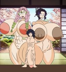 1boy 2girls abs darkassla_edits demon_slayer huge_breasts huge_cock imminent_sex kanroji_mitsuri kochou_shinobu light-skinned_female light-skinned_male size_difference small_but_hung tasteofchoklit tasteofchoklit_(edit) tomioka_giyuu