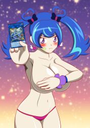 blue_angel blue_hair blush card covered_breasts earrings heart hi_res huge_breasts kensakki looking_at_another navel nude purple_eyes sweatdrop twintails underwear yu-gi-oh! yu-gi-oh!_vrains zaizen_aoi