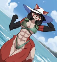 animal_ears animal_tail beach big_ass big_breasts big_breasts big_butt big_thighs big_titties bikini black_hair clothing commission curvaceous curvaceous_female curvaceous_figure curvy curvy_figure curvy_hips female female_focus female_only furry furry_female furry_only green_eyes muscular muscular_female original original_character raccoon raccoon_ears raccoon_girl raccoon_tail short_hair wozzu1