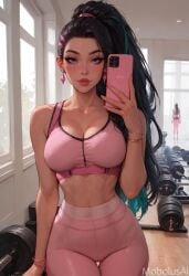 ai_generated black_hair breasts female gym gym_clothes gym_clothing k/da_all_out_kai'sa k/da_all_out_series kai'sa league_of_legends leggings mirror_selfie mobolusai multicolored_hair ponytail selfie thigh_gap thighs