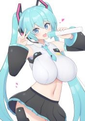 1girls alternate_version_available big_breasts blue_eyes blue_hair blush female female_focus female_only hatsune_miku holding_microphone holding_object huge_breasts large_breasts light-skinned_female light_skin long_hair looking_at_viewer midriff navel peace_sign simple_background skirt solo subten thick_thighs thighs twintails v vocaloid white_background