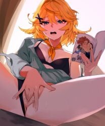 anus black_bra black_panties blonde_hair blue_eyes book bra clothing_aside dokibird dokibird_(vtuber) dokibird_(vtuber)_(bounty_hunter) female female_masturbation fingering green_shirt hair_between_eyes hair_ornament holding holding_book indie_virtual_youtuber masturbation meme open_book open_mouth panties panties_aside pornography say_gex_(meme) shirt sitting solo spread_legs thernz uncensored underwear vaginal_penetration virtual_youtuber x_hair_ornament yaoi_(object)