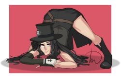 ambiguous_gender ass_focus ass_up black_hair boots bubble_butt face_down_ass_up fully_clothed guilty_gear guilty_gear_strive hat jack-o'_challenge jack-o'_pose juded_wind large_ass legs_apart legs_spread long_hair looking_at_viewer red_eyes seductive_pose skirt testament_(guilty_gear) thick_thighs top-down_bottom-up top_hat