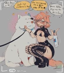 before_sex canine canine_penis drunk high_heels implied_bestiality implied_penetration latex latex_clothing latex_legwear red_hair text text_bubble tottalyaw31rd0 zoophilia