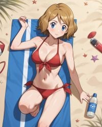 1girls ai_generated bath_towel beach bikini blonde_hair blue_eyes breasts female female_only flushed lying_down medium_breasts red_bikini red_underwear short_hair smiling white_skin