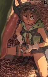 ahoge animal_penis blurry blurry_foreground blush boots brown_boots brown_eyes commentary english_commentary english_text female female_pubic_hair gloves goggles goggles_on_head hair_ornament hairclip heads-up_display highres holding holding_jar jar jewelry kyoko_(madaotheory) madaotheory monster_hunter_(series) monster_hunter_wilds necklace no_panties original penis pubic_hair pussy short_hair squatting sweat thighs user_interface white_gloves