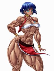 1girls abs bandeau bandeau_bikini bare_shoulders big_thighs blue_eyes blue_hair blush breasts dark-skinned_female dark_skin earrings extreme_muscles female fushigi_no_umi_no_nadia gainax hair_ornament hairclip highres hoop_earrings huge_thighs impossible_clothes jewelry large_breasts loincloth muscle muscles muscular muscular_female muscular_legs nadia_la_arwall neck_ring necklace no_panties pose purukogi_(plasma_beach) short_hair simple_background skirt solo strip thick_thighs thighs vest white_background