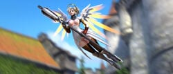 3d absurdres areolae blonde_hair blue_eyes breasts eichenwalde_(map) ellowas female female_only highres looking_at_viewer mercy nipples overwatch pussy solo