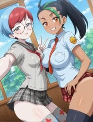 2girls ai_generated blush busty creatures_(company) curvy facing_viewer female female_only game_freak grey_eyes hi_res highres multicolored_hair nemona_(pokemon) nintendo orange_eyes peace_sign penny_(pokemon) pokemon pokemon_(game) pokemon_sv pokemon_trainer school_uniform schoolgirl selfie seraphim_ai shirt skirt smile stable_diffusion stockings thick_thighs tie