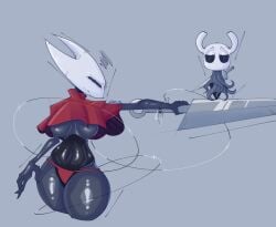 1boy1girl angry_face black_eyes exposed_midriff female hollow_knight hornet_(hollow_knight) insects male no_bra panties red_panties red_topwear smaller_male smug_face standing sword talons_tw team_cherry the_knight_(hollow_knight) thighs topwear vessel_(species)