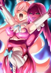 2girls bishoujo_senshi_sailor_moon breasts crossover cure_princess defeated_heroine hirogaru_sky!_precure jamanen magical_girl nanami_mano nijigaoka_mashiro nipples pink_hair precure pretty_cure restrained_arms ripped_clothing slime_girl