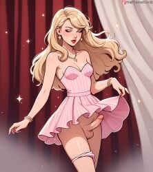 ai_generated blonde_hair boobly closed_eyes dress futanari girly makeup medium_breasts taylor_swift upskirt