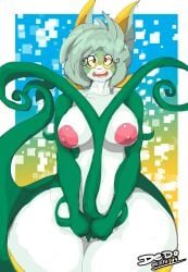 2014 blue_background breasts female female_only furry glasses green_hair green_skin lionalliance nintendo nipples original original_character pokemon pokemon_(species) red_eyes serperior short_hair thick_thighs thighs white_body white_border white_skin wide_hips yellow_background yumi_leaf