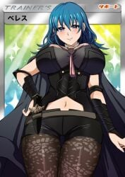 1girls arm_at_side armlet black_coat blue_eyes blue_hair blush bodice breasts brown_pantyhose bustier byleth_(female)_(fire_emblem) byleth_(fire_emblem) byleth_(fire_emblem)_(female) clothing_cutout coat commentary_request creatures_(company) dagger female fire_emblem fire_emblem:_three_houses game_freak hair_between_eyes hand_on_own_hip jewelry knife large_breasts medium_hair navel navel_cutout nintendo pantyhose pantyhose_under_shorts patterned_legwear pokemon pokemon_tcg shorts smile solo tara_(szzj7733) tassel trading_card translation_request turtleneck vambraces waist_cape weapon