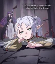 2girls bored dungeon elf elf_ears elf_female elf_girl english_text female_only fern_(sousou_no_frieren) frieren frieren_beyond_journey's_end green_eyes grey_hair implied_sex pointy_ears purple_eyes purple_hair sousou_no_frieren stuck stuck_in_floor tentacle text tiamant_torriet