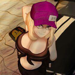 ass big_ass big_breasts blonde_female blonde_hair breasts cleavage coco_(code_vein) code_vein dap0192 female fully_clothed huge_breasts looking_up smile solo