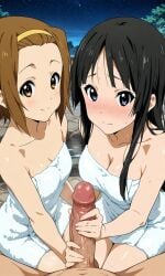 2girls ai_generated bangs black_eyes black_hair blush brown_eyes brown_hair cleavage collaborative_handjob double_handjob handjob hime_cut k-on! kslgsnb long_hair looking_at_viewer looking_up mio_akiyama_(k-on!) night night_sky on_knees onsen pixai pov ritsu_tainaka_(k-on!) short_hair threesome towel towel_only