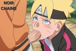 ai_generated asian_male blowjob blue_eyes blush boruto:_naruto_next_generations drool father_and_son forehead_protector gay gay_sex headband human human_male jacket kneeling looking_at_partner looking_up male male/male naruto naruto_(series) oral oral_penetration outdoors penis penis_in_mouth tan-skinned_male tan_skin uzumaki_boruto uzumaki_naruto white_shirt yellow_hair