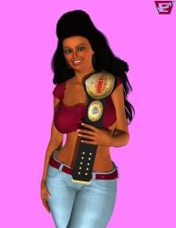 2016 3d 3d_model 3d_render anne_maria_(tdi) artist_logo artist_name artist_signature black_hair_female black_long_hair blue_eyeshadow breasts breasts_out brown_belt cartoon_network champion championship_belt chocolate clothed clothed_female clothes clothing crop_top crossover dark-skinned_female dark_skin daz3d daz_3d daz_studio fanart gold gold_(metal) holding_object hoop_earrings imfamouse italian italian_female jeans long_hair long_hair_female nipple_bulge nipples pink_hair pose posing sexy_body sexy_female sexy_pose smile smile_at_viewer smiley_face smiling smiling_at_viewer thick thick_body thick_boobs thick_hips thick_legs thick_lips thick_thighs titties total_drama:_revenge_of_the_island total_drama_(series) total_drama_island watermark white_teeth wwe wwe_diva wwe_womens_championship_belt