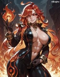 1girls abs ai_generated bodysuit breasts genshin_impact highres large_breasts mavuika_(genshin_impact) mihoyo muscular_female nbaghu red_eyes red_hair shiny_clothes shiny_skin skin_tight smirk solo solo_female sweat thick_thighs unzipped_bodysuit unzipping